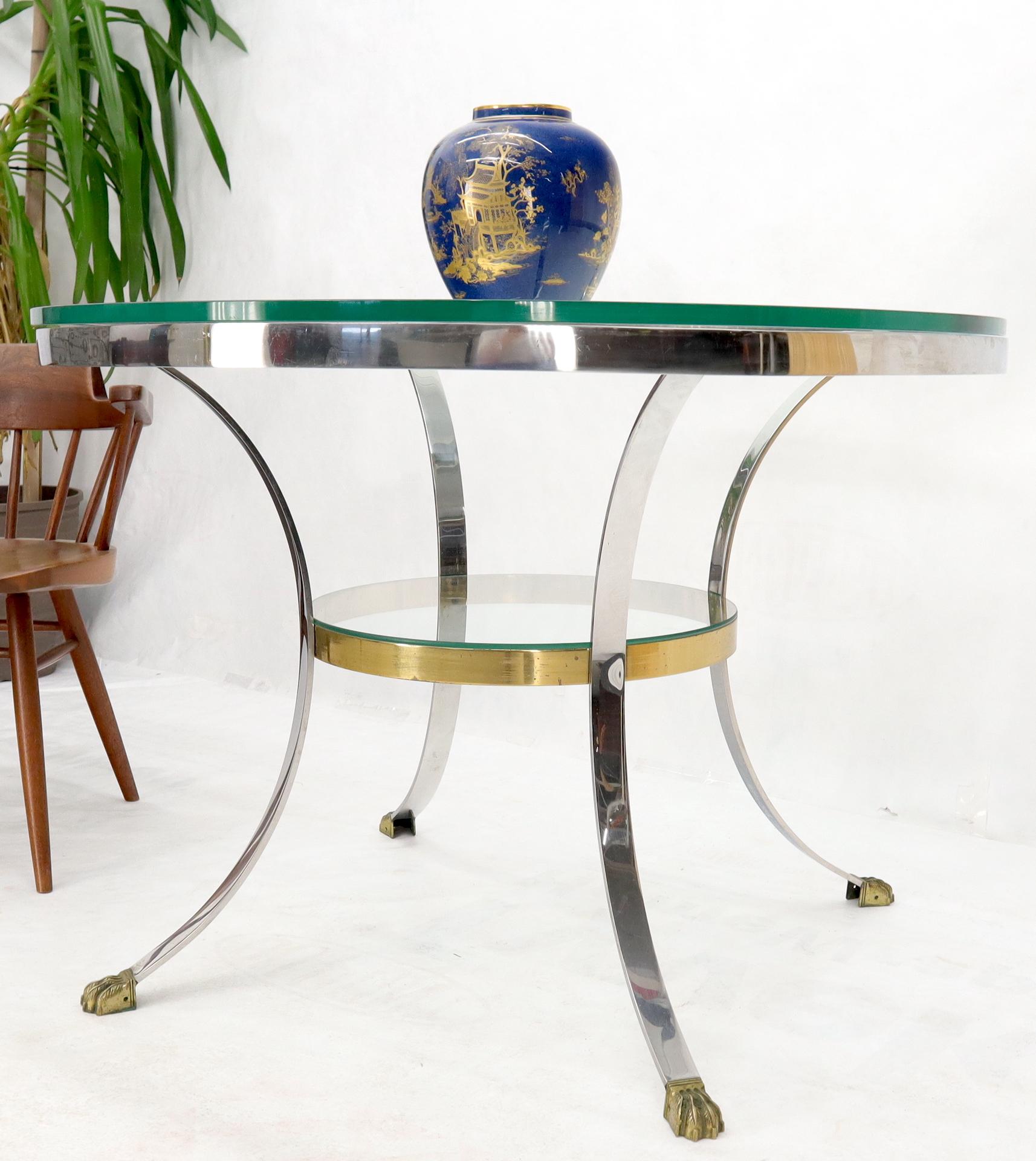 Mid-Century Modern Brass Claw Feet Crome and Brass Glass Round Top Gueridon Center Cafe Game Table For Sale