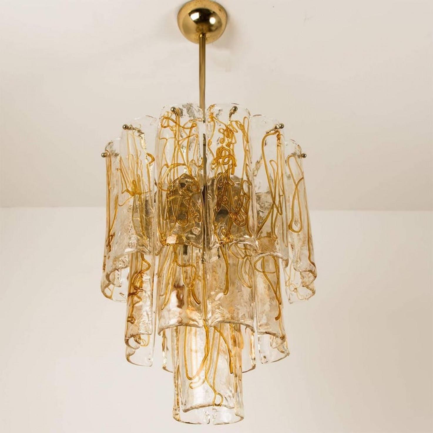 Brass Clear and Amber Spiral Glass Chandelier by Doria, 1970 In Good Condition For Sale In Rijssen, NL