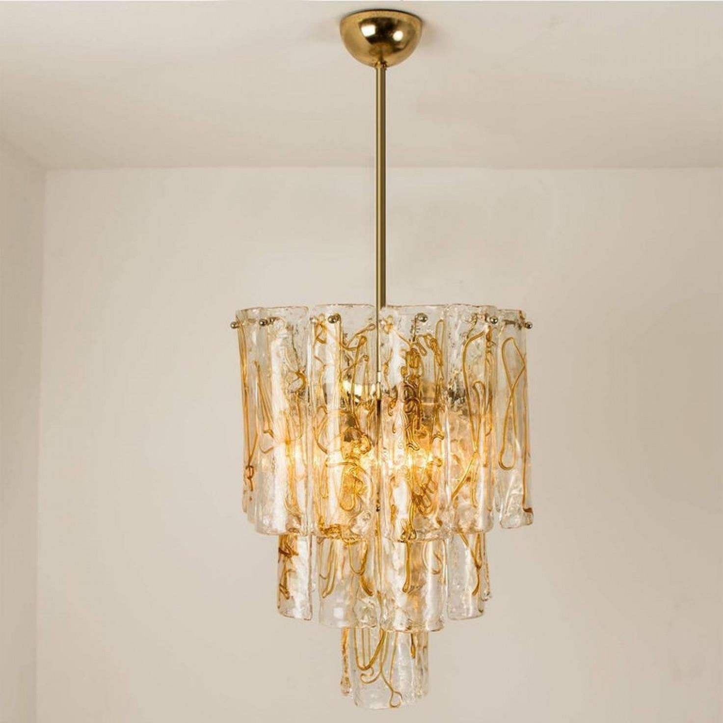 20th Century Brass Clear and Amber Spiral Glass Chandelier by Doria, 1970 For Sale