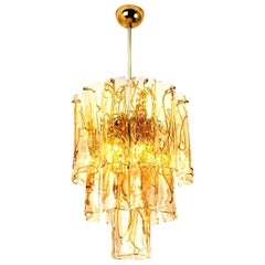 Brass Clear and Amber Spiral Glass Chandelier by Doria, 1970