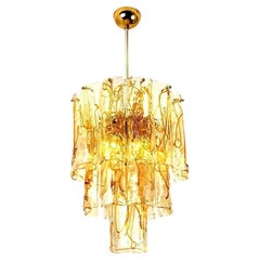 Brass Clear and Amber Spiral Glass Chandelier by Doria, 1970