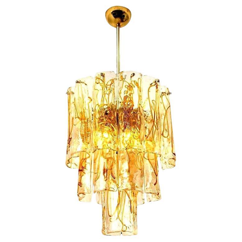 Brass Clear and Amber Spiral Glass Chandelier by Doria, 1970 For Sale