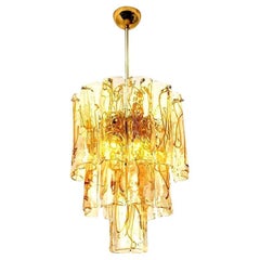 Vintage Brass Clear and Amber Spiral Glass Chandelier by Doria, 1970