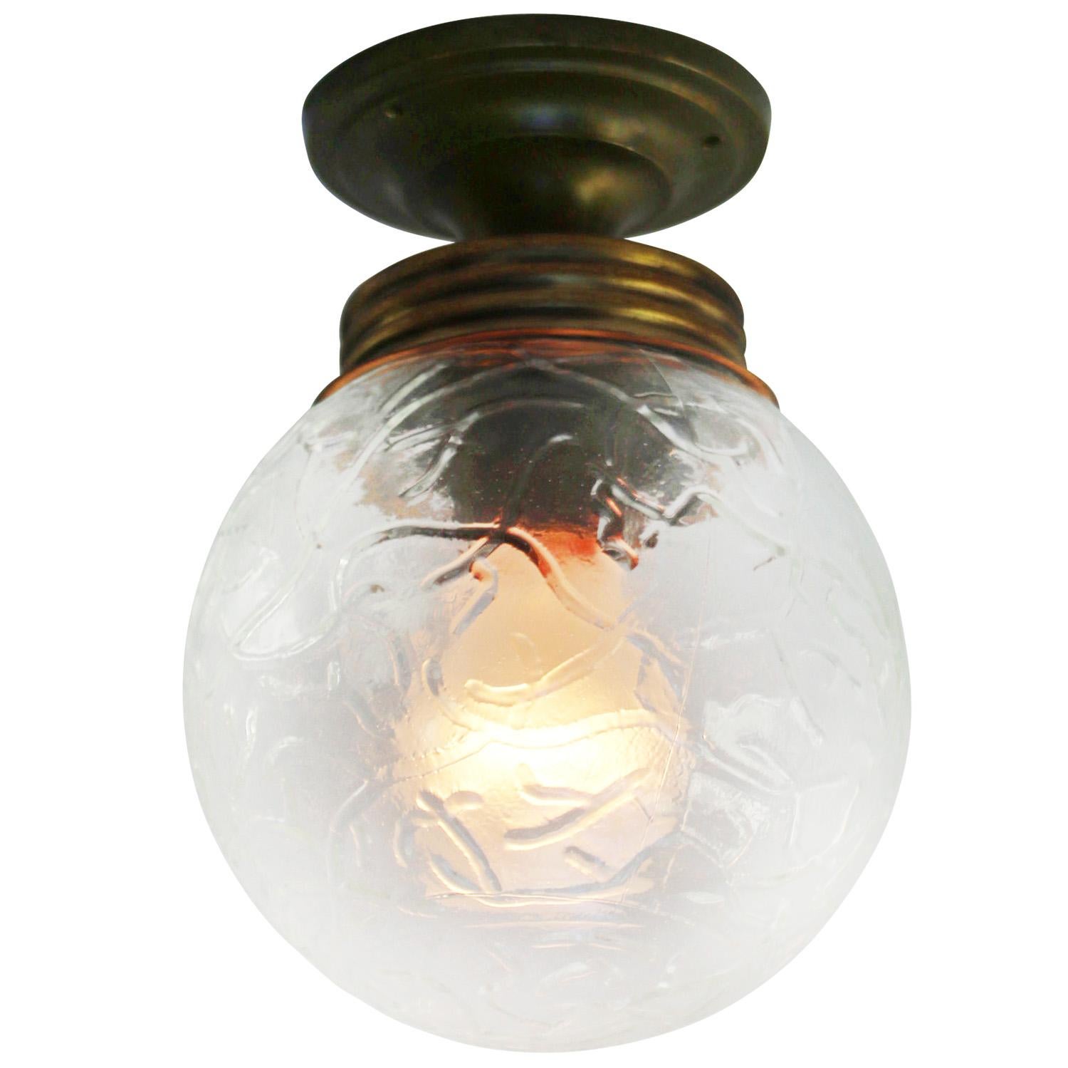 Art Nouveau Brass Clear Reeded Glass Flush Mounts Ceiling Lamps For Sale