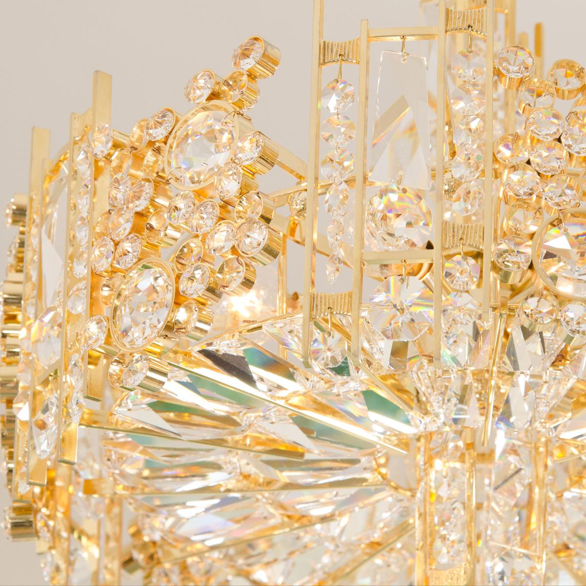 Mid-Century Modern Brass Clustered Crystal Element Chandelier For Sale