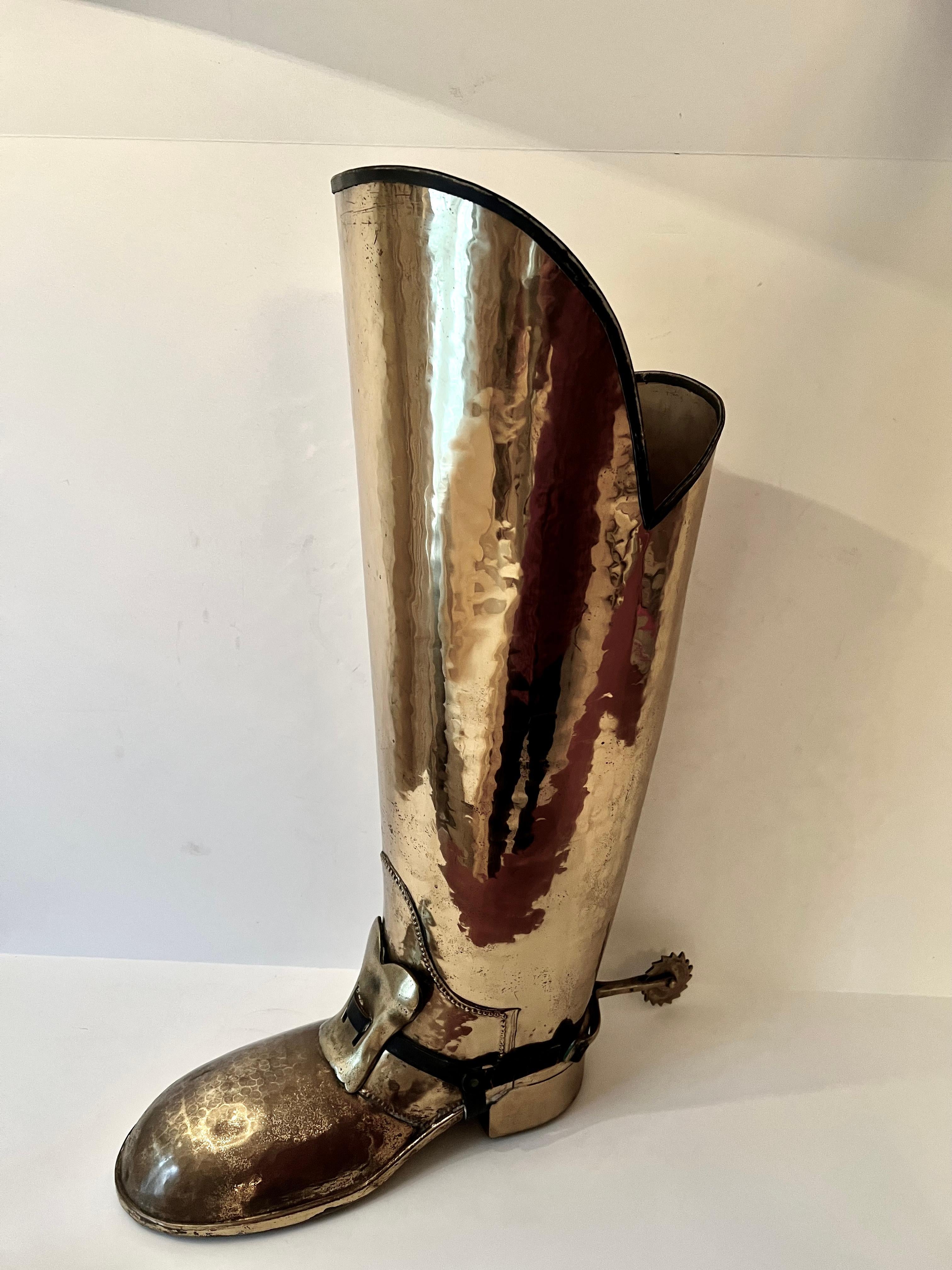 Patinated Brass Coachmans Boot Umbrella Stand with Leather Lashings and Straps
