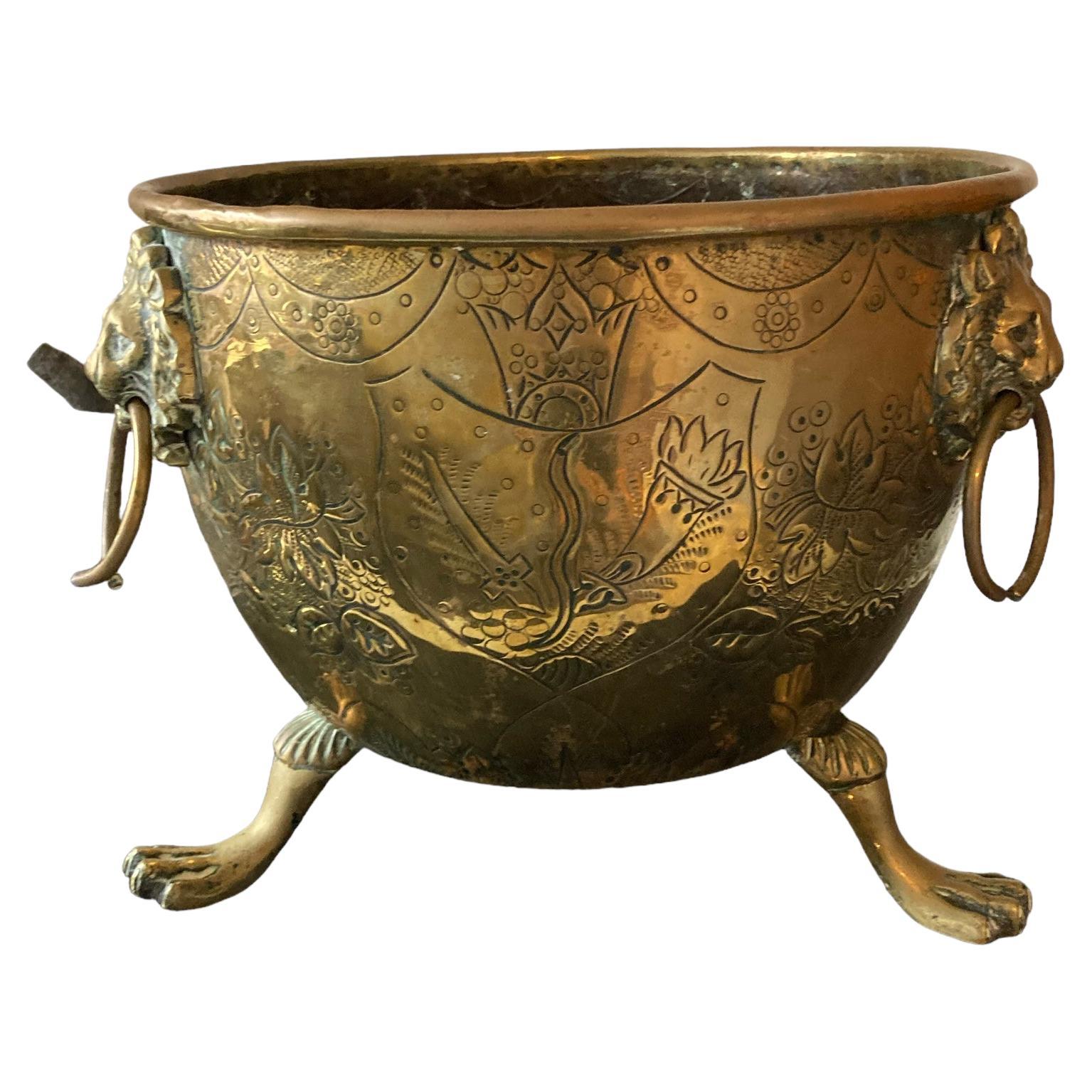 Brass coal scuttle, fire side bucket or Log bin. Lion Paw Tri feet and Lion Head For Sale