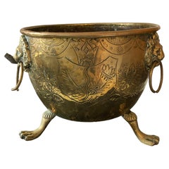 Antique Brass coal scuttle, fire side bucket or Log bin. Lion Paw Tri feet and Lion Head