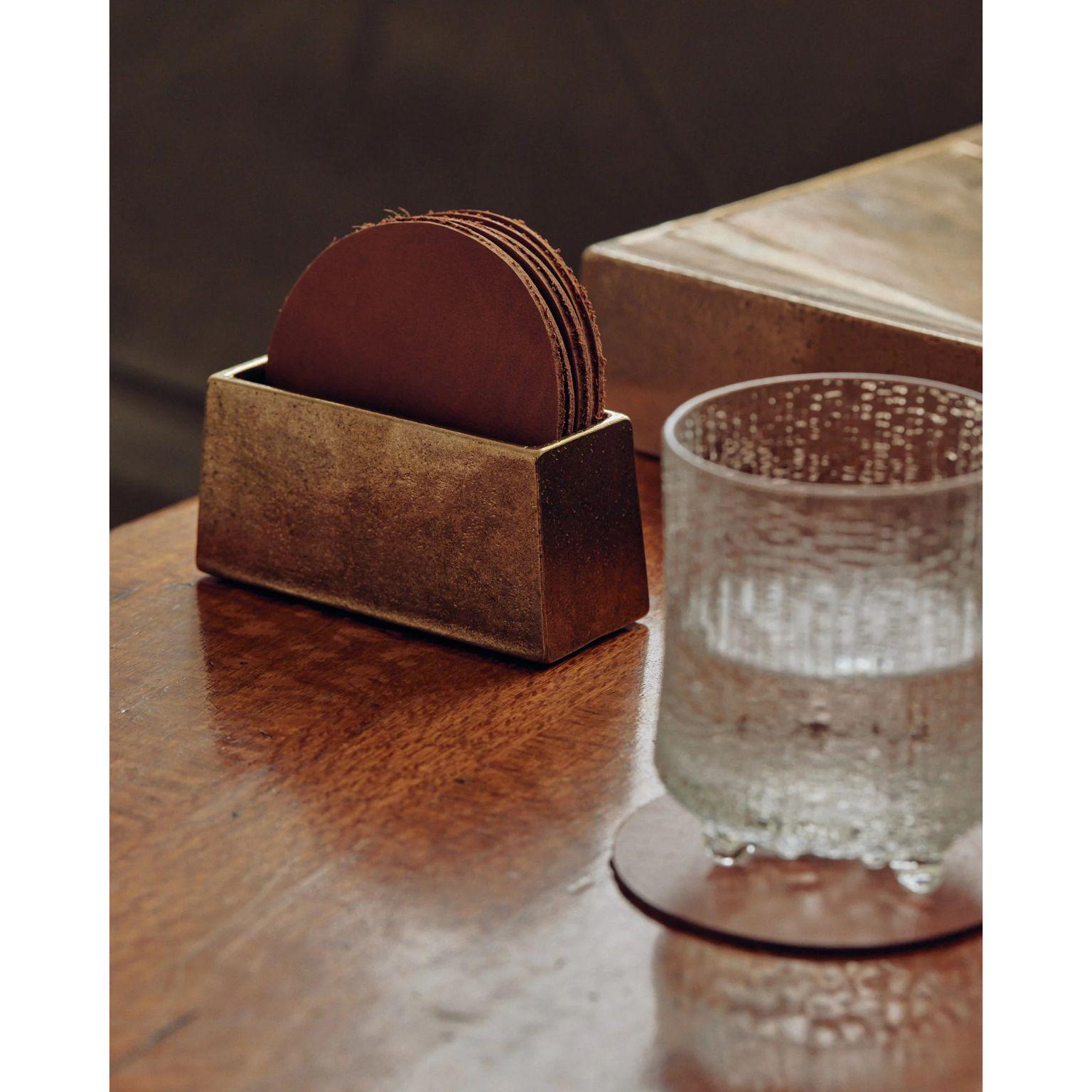Post-Modern Brass Coaster Holder With Tan Coaster Set by Henry Wilson