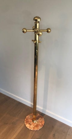 Brass Coat Rack on a Round Marble Base, French Work, circa 1970