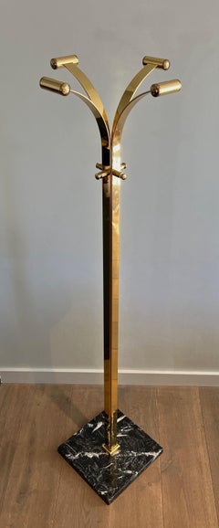 Brass Coat Rack on Square Marble Base, French Design, Circa 1970