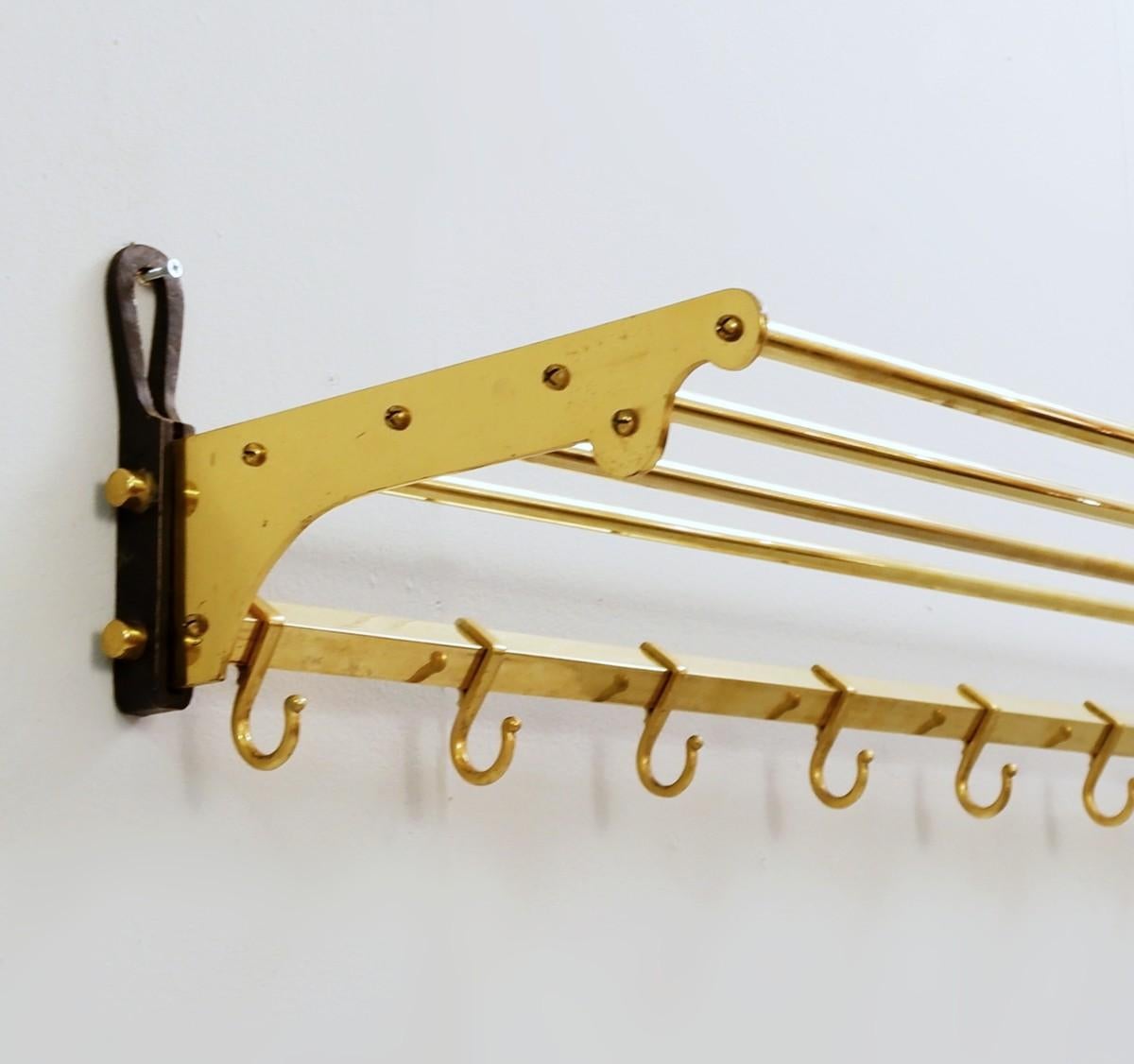 Mid-Century Modern Brass Coat Rack with Shelf, 8 Hooks For Sale