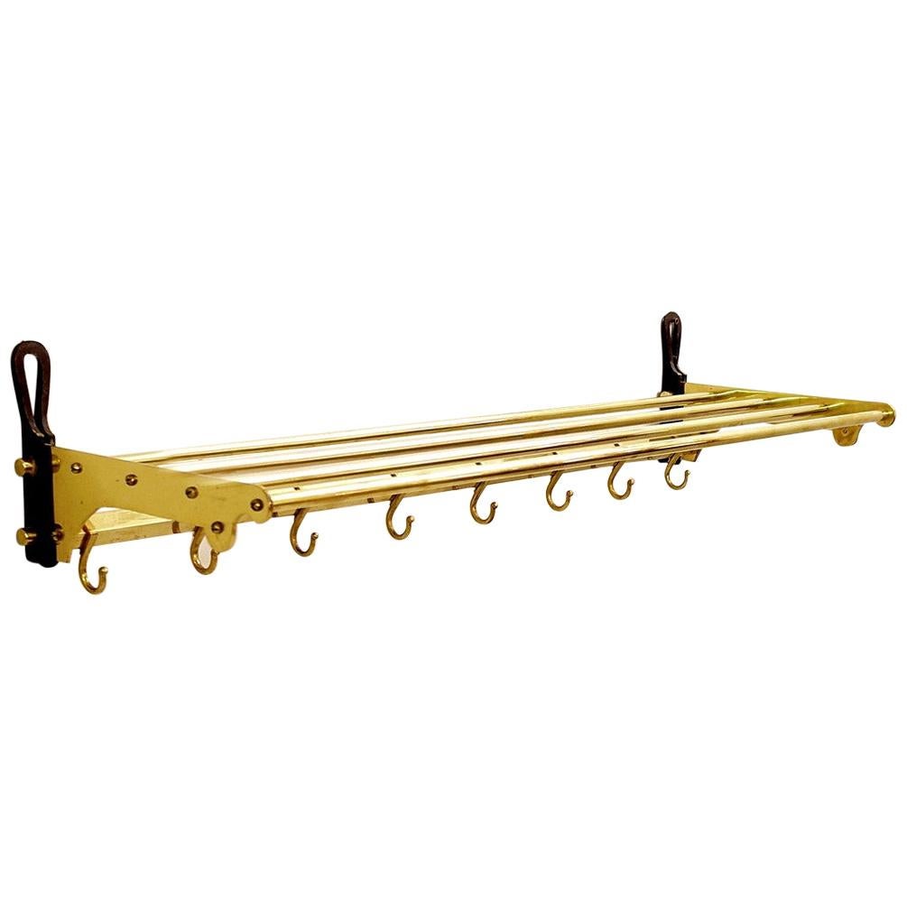 Brass Coat Rack with Shelf, 8 Hooks For Sale