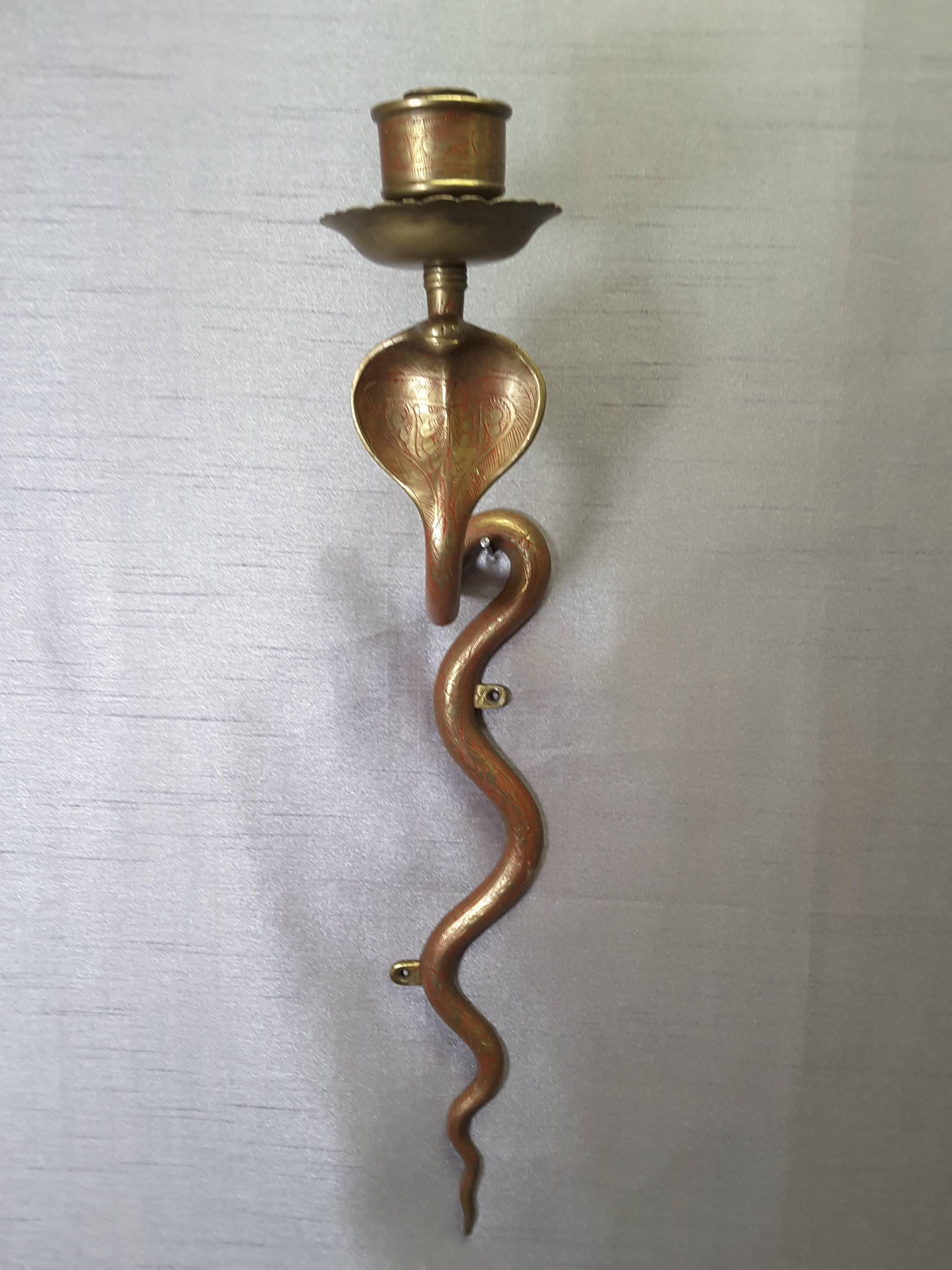 Brass Cobra Sconce Engraved Decoration with Red Detailing, circa 1960s 6