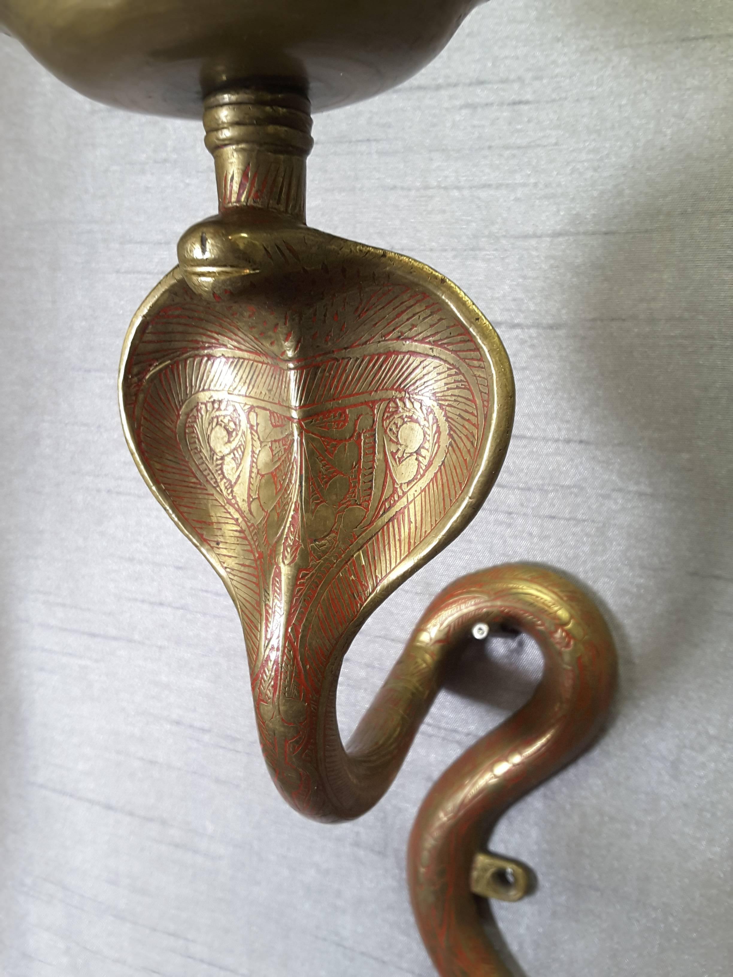 Indian Brass Cobra Sconce Engraved Decoration with Red Detailing, circa 1960s