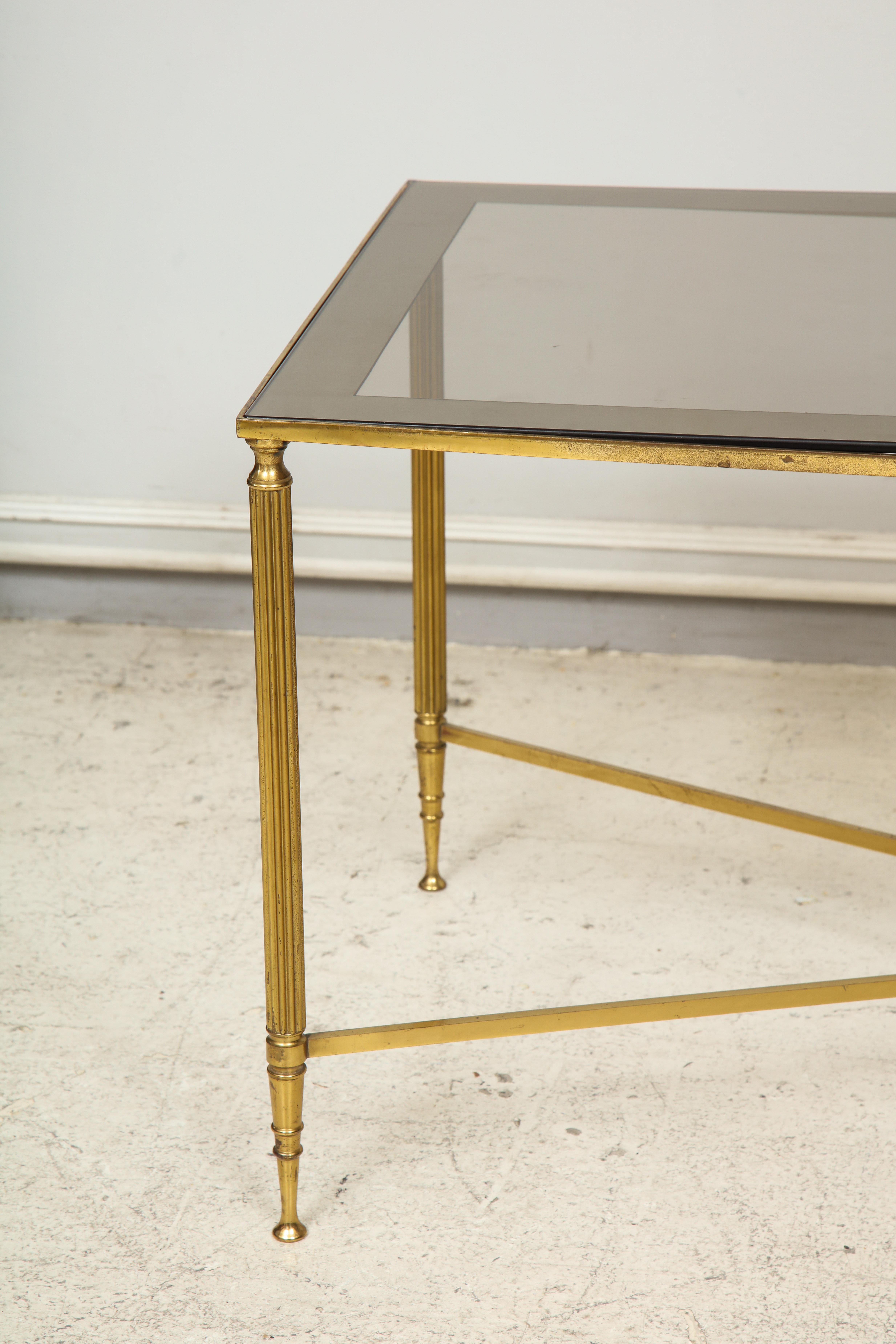 Modern Brass Cocktail Table Smoked-Glass Top on Stretchers Base For Sale