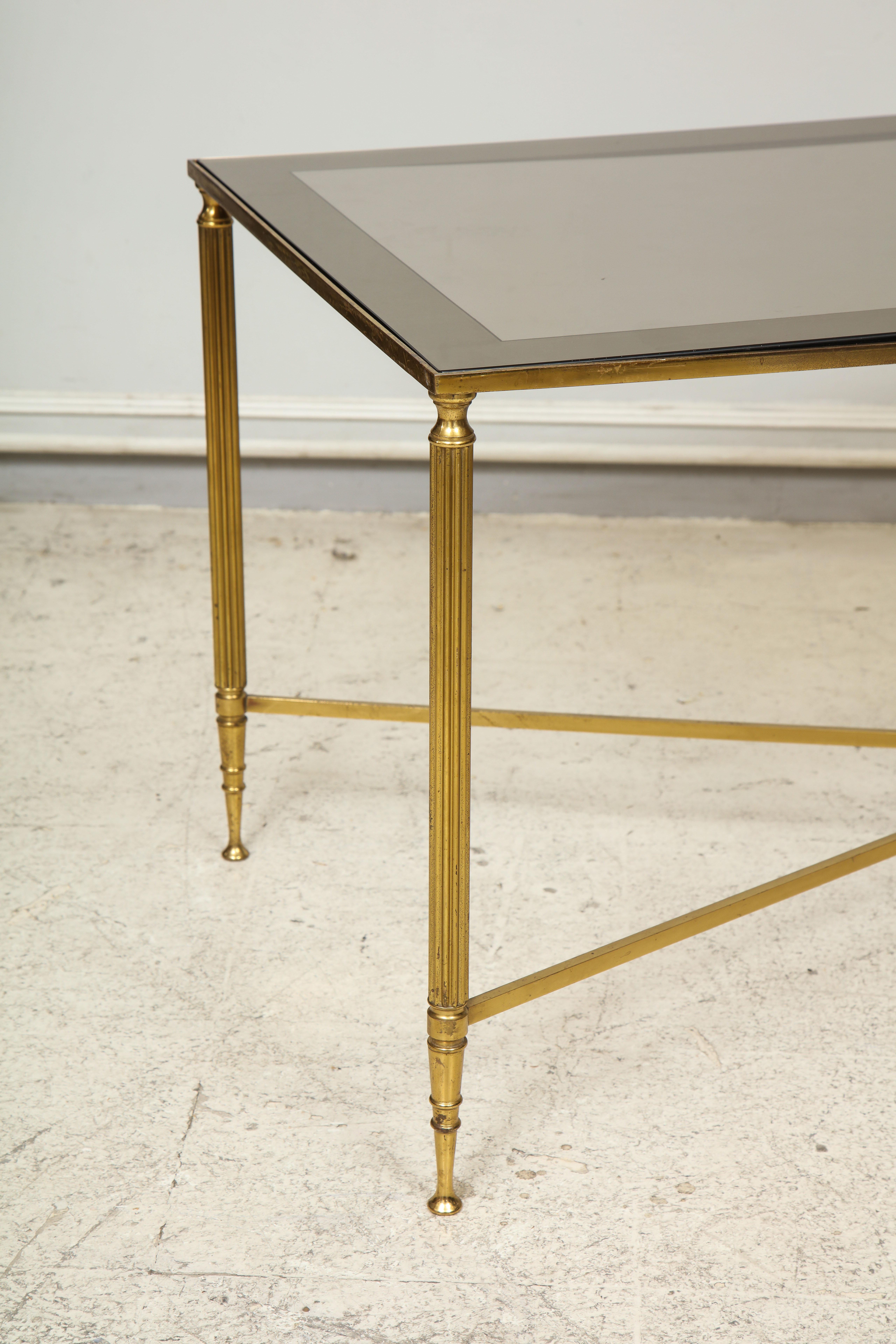 French Brass Cocktail Table Smoked-Glass Top on Stretchers Base For Sale