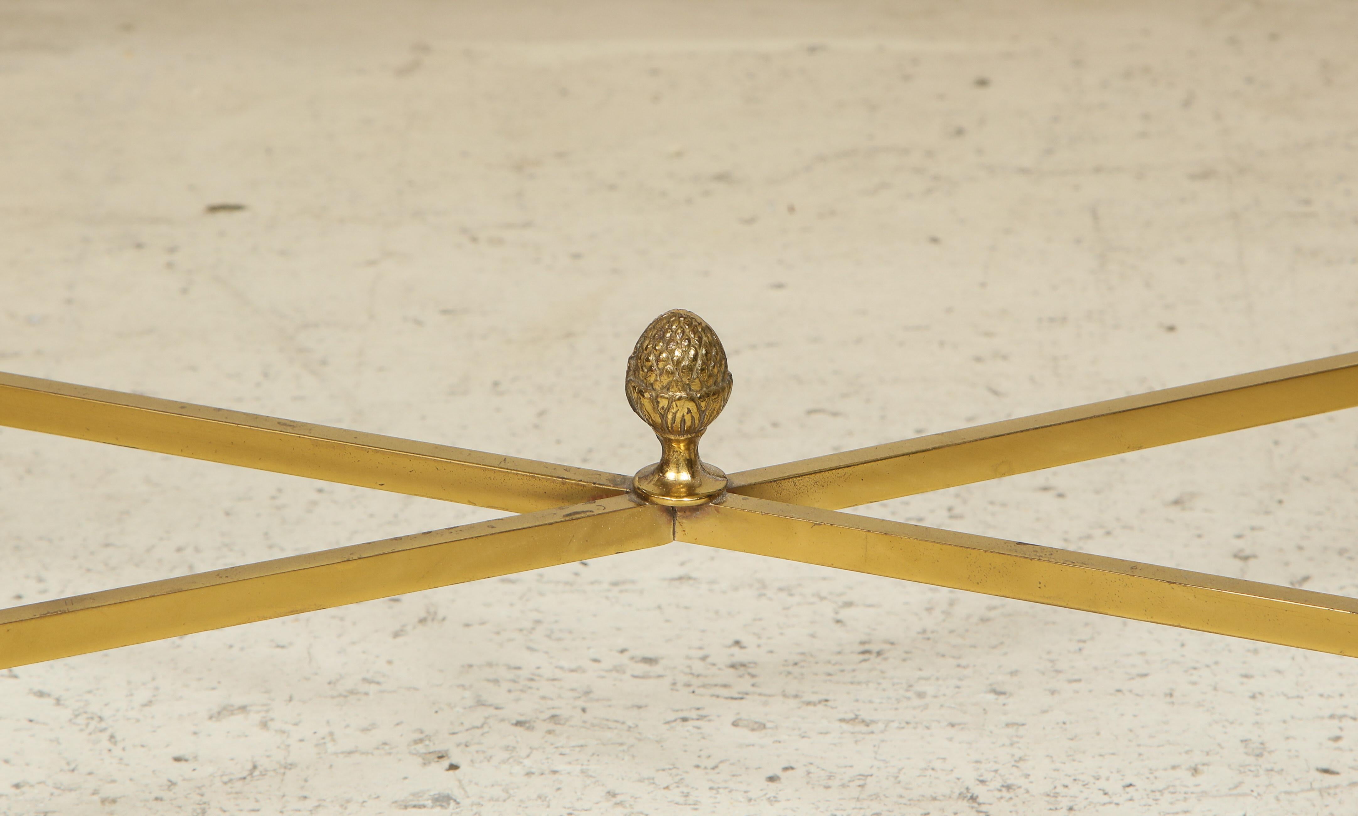 20th Century Brass Cocktail Table Smoked-Glass Top on Stretchers Base For Sale