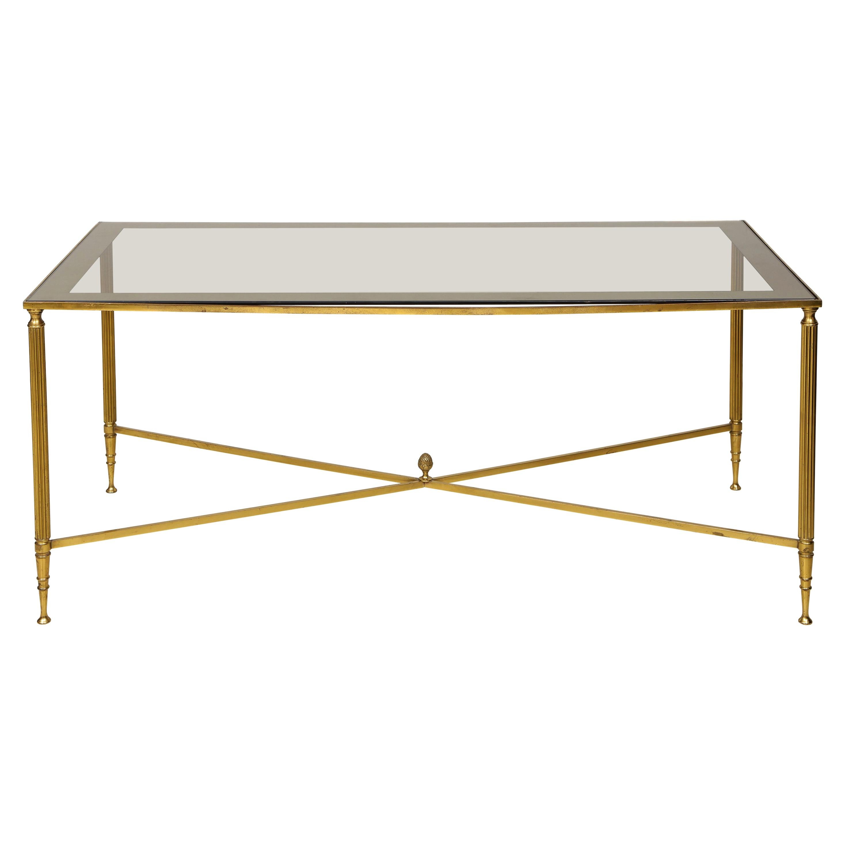 Brass Cocktail Table Smoked-Glass Top on Stretchers Base For Sale