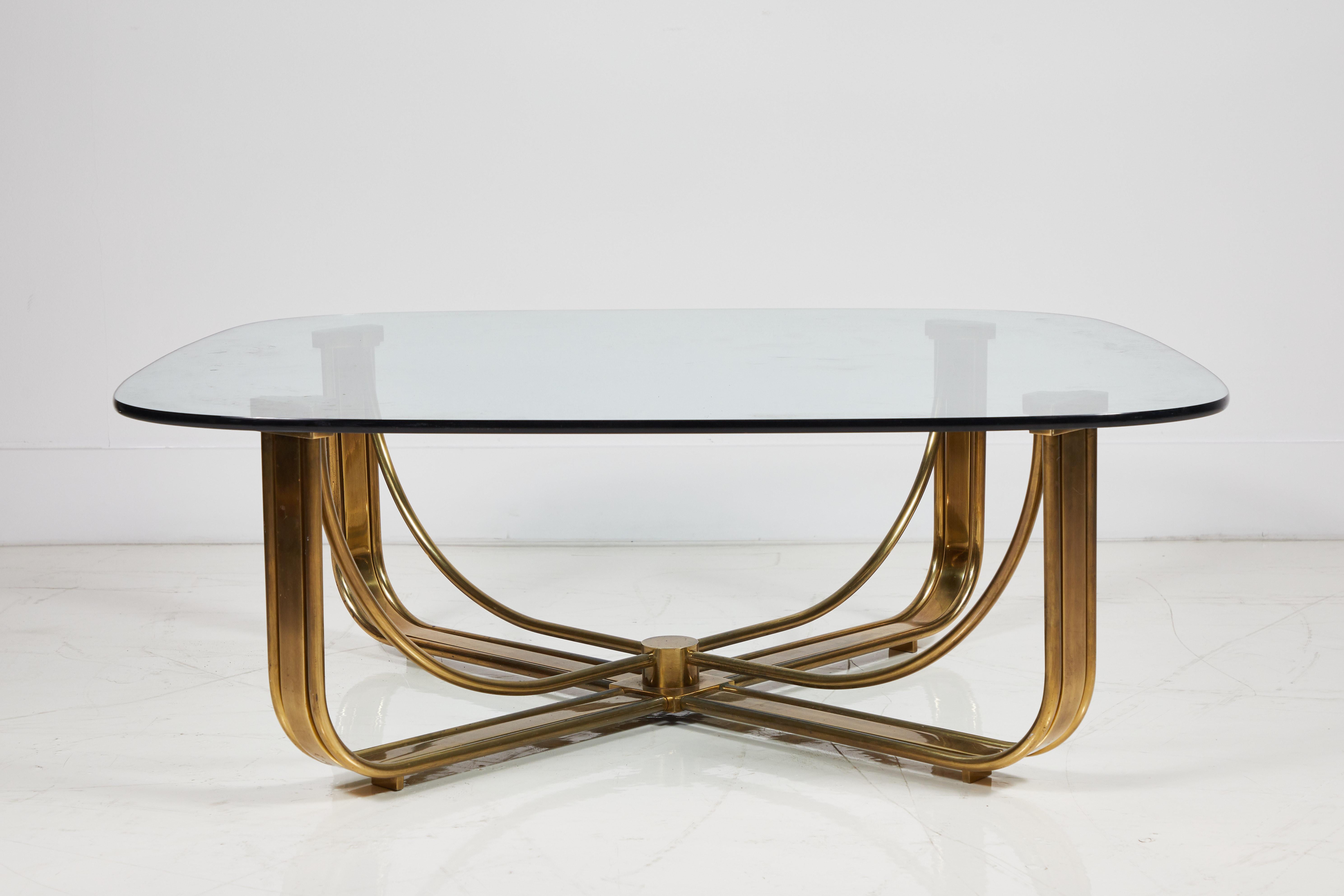 Brass Cocktail Table with a Floating Glass Top In Good Condition In Los Angeles, CA