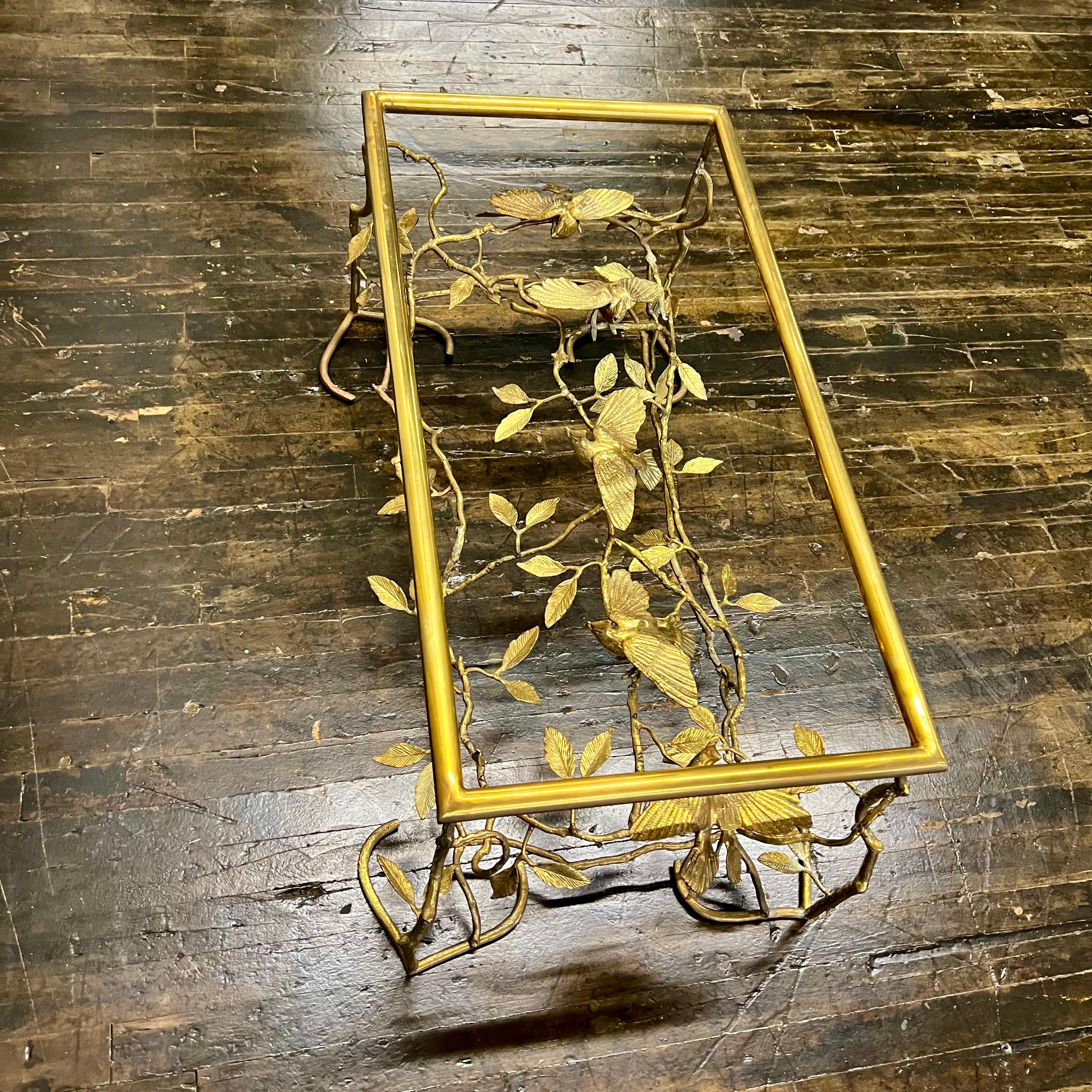 Hollywood Regency Brass Coffee Table Base with Birds on Branches For Sale