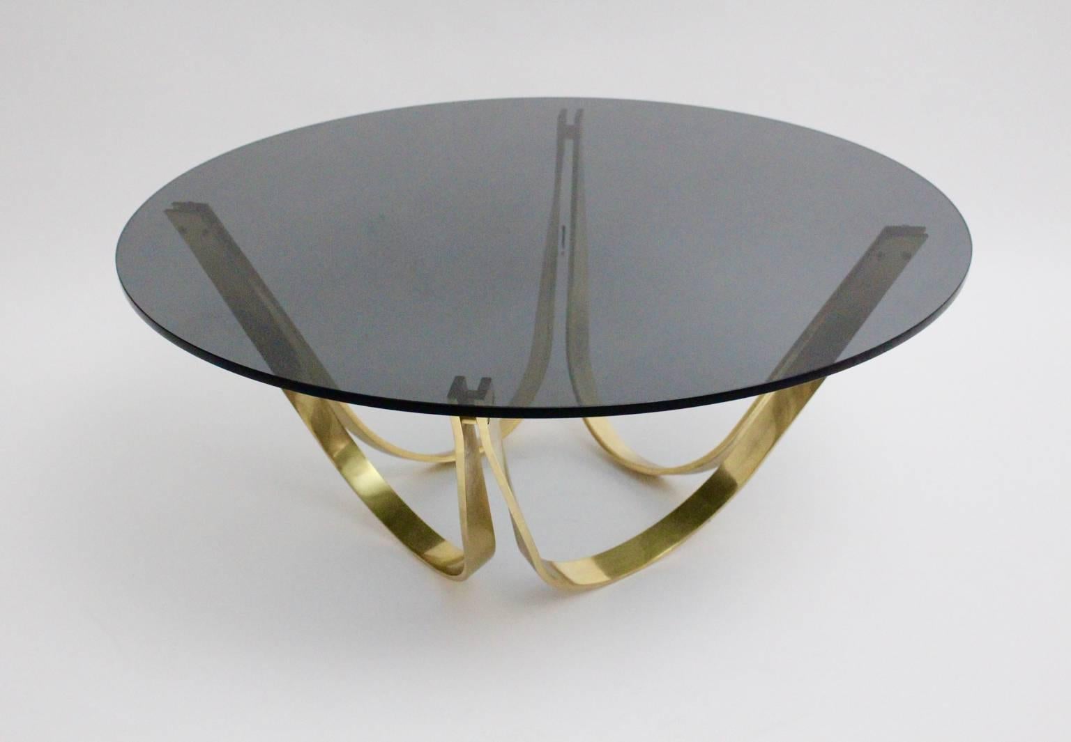 Glass Mid Century Modern Brassed Metal Vintage Coffee Table Sofa Table 1960s For Sale