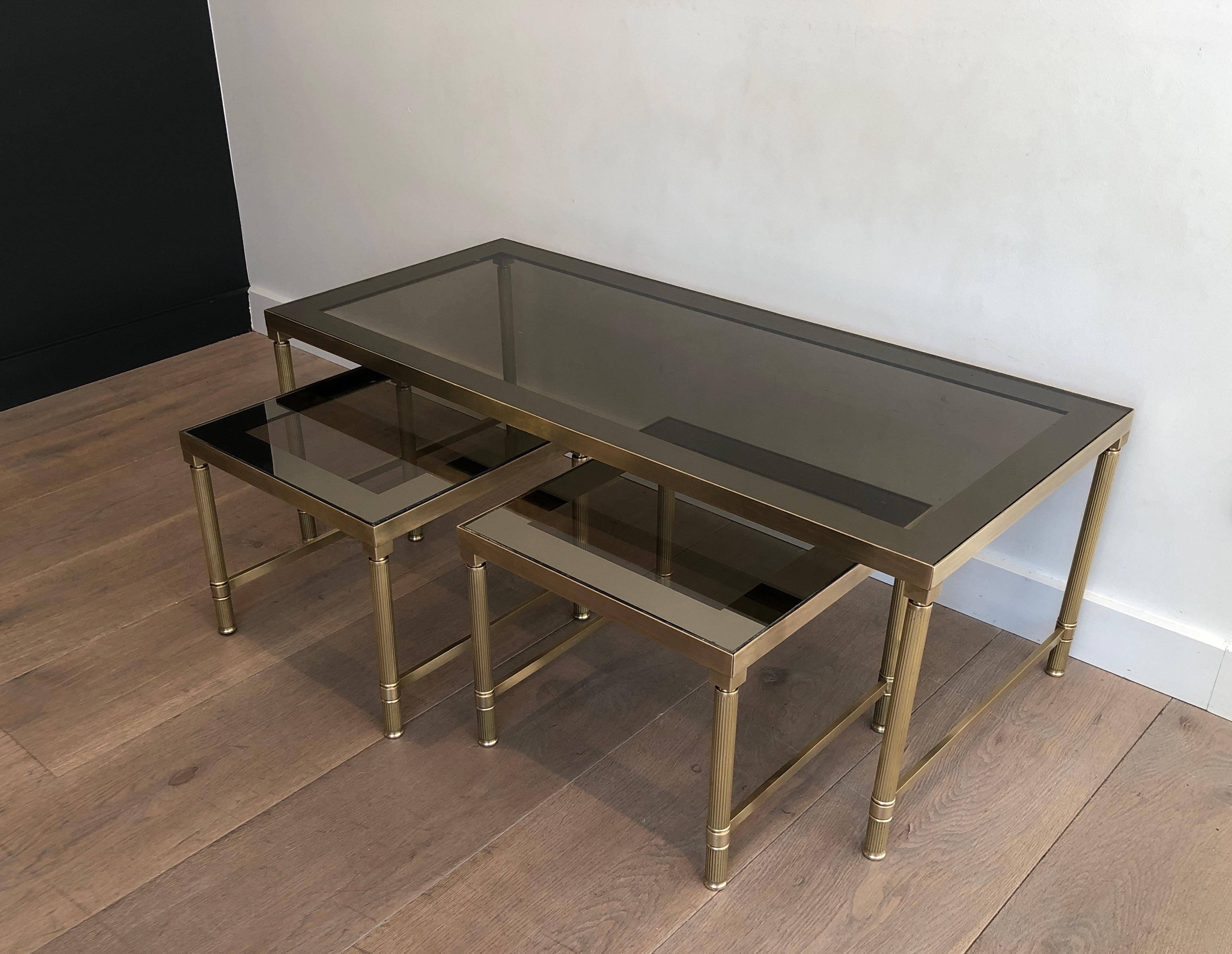 Mid-Century Modern Brass Coffee Table with 2 Nesting Tables That Can Be Used as Side Tables For Sale