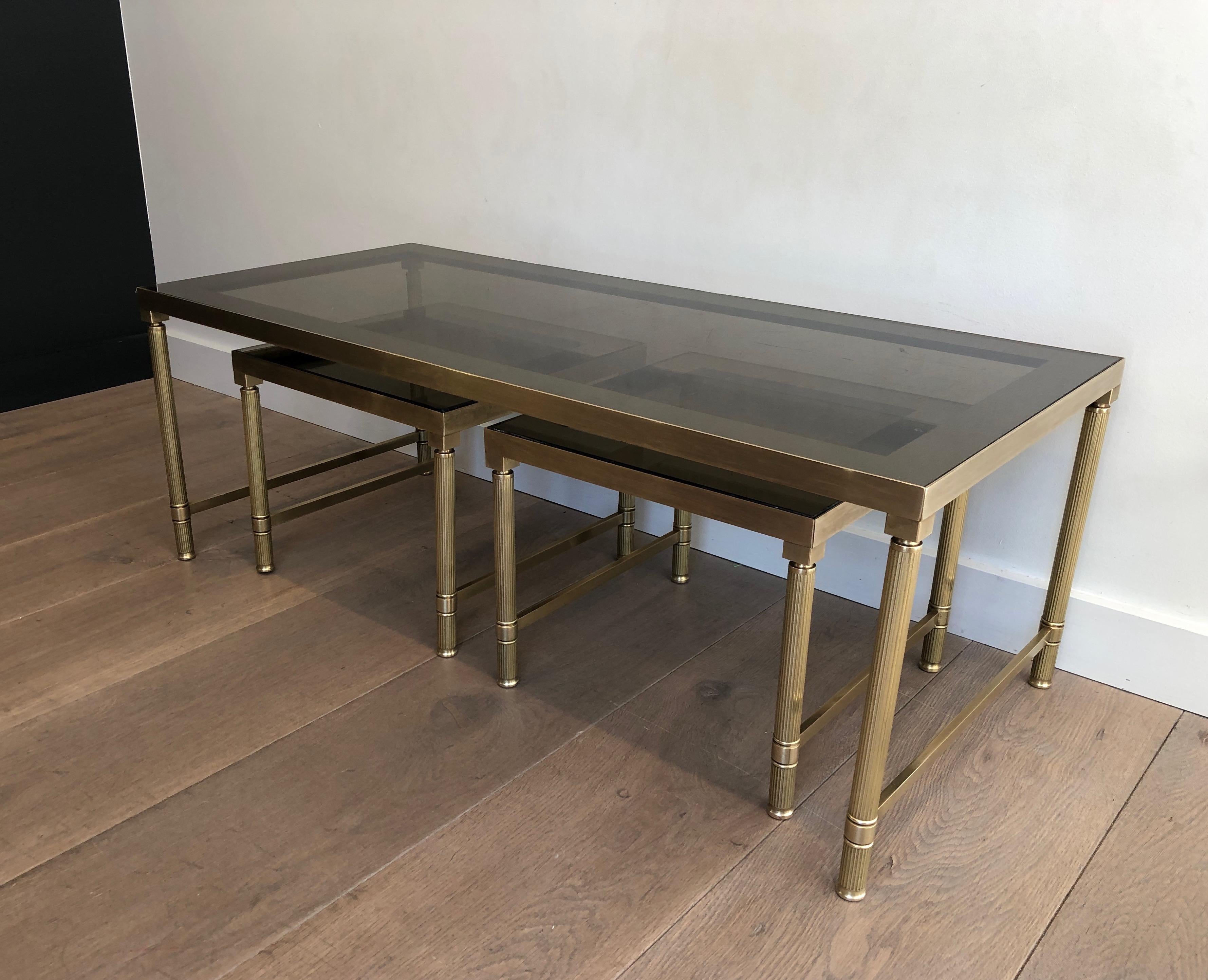French Brass Coffee Table with 2 Nesting Tables That Can Be Used as Side Tables For Sale