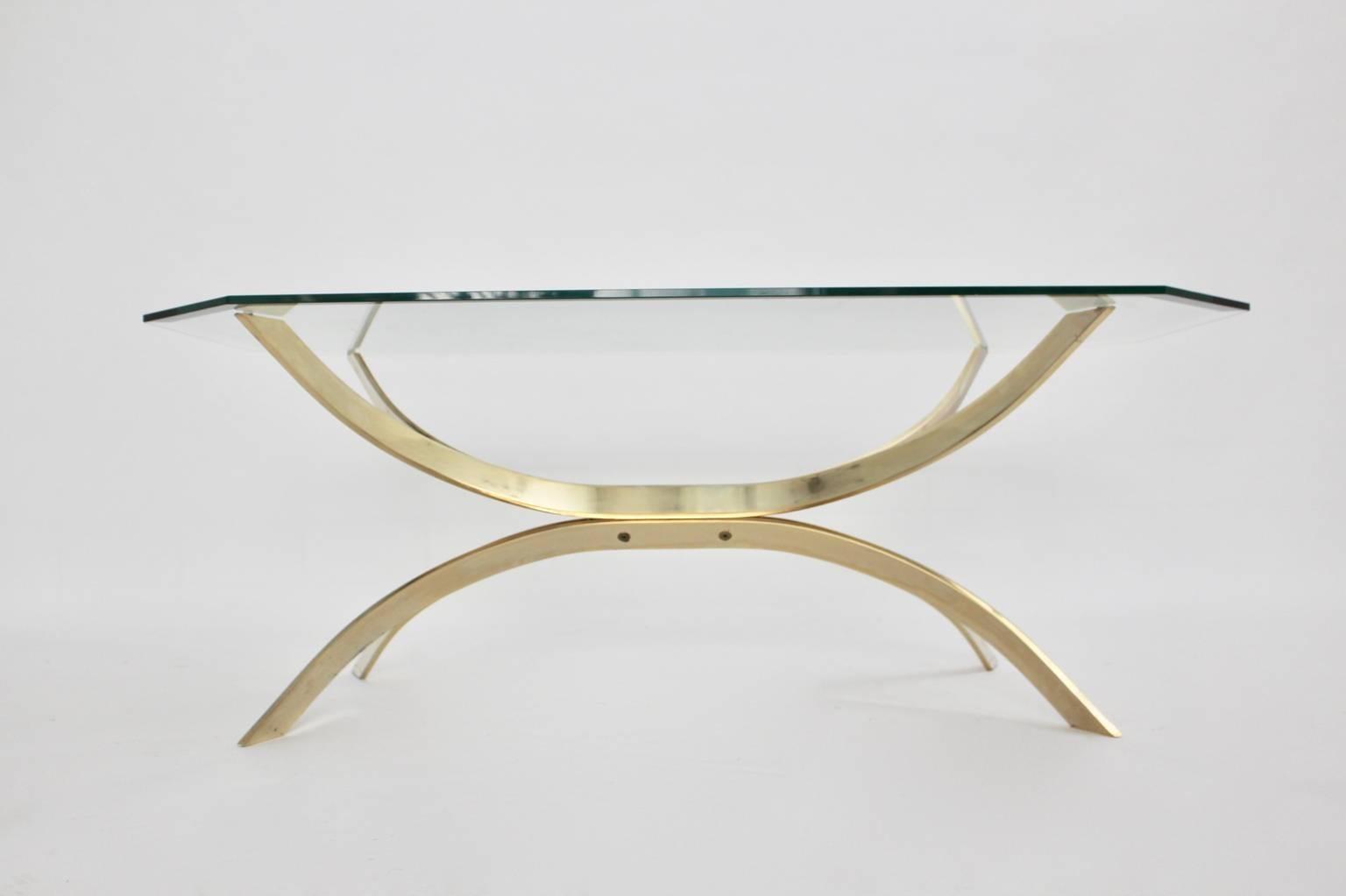 Mid-Century Modern Modernist Vintage Brass Coffee Table with a Clear Glass Top, 1970s