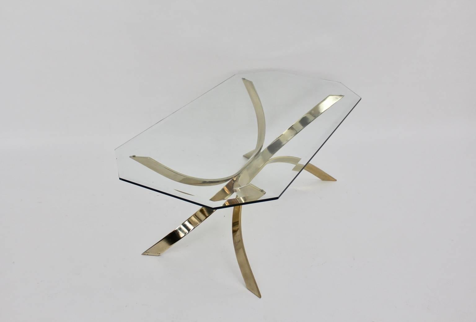Modernist Vintage Brass Coffee Table with a Clear Glass Top, 1970s In Good Condition In Vienna, AT