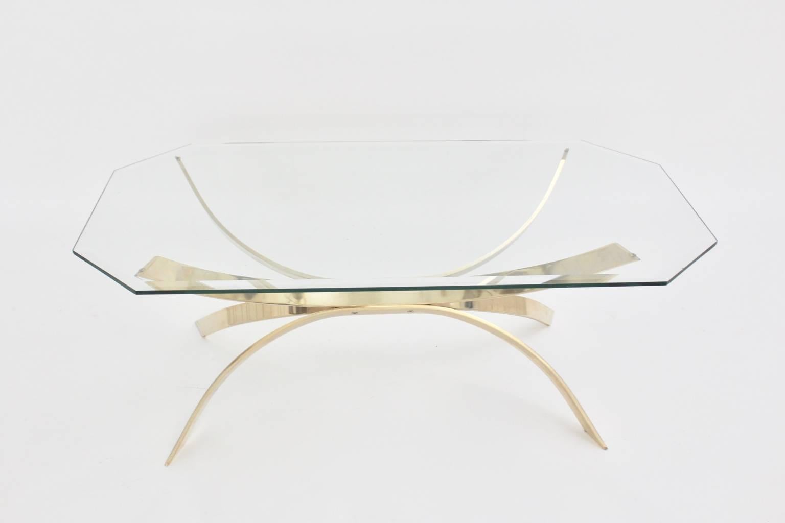 Metal Modernist Vintage Brass Coffee Table with a Clear Glass Top, 1970s
