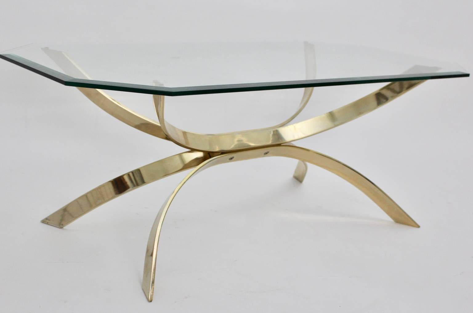 Modernist Vintage Brass Coffee Table with a Clear Glass Top, 1970s 3