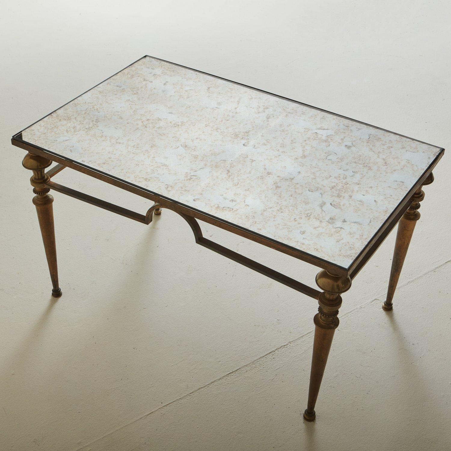 Mid-Century Modern Brass Coffee Table with Antiqued Mirror Top, France 1960s