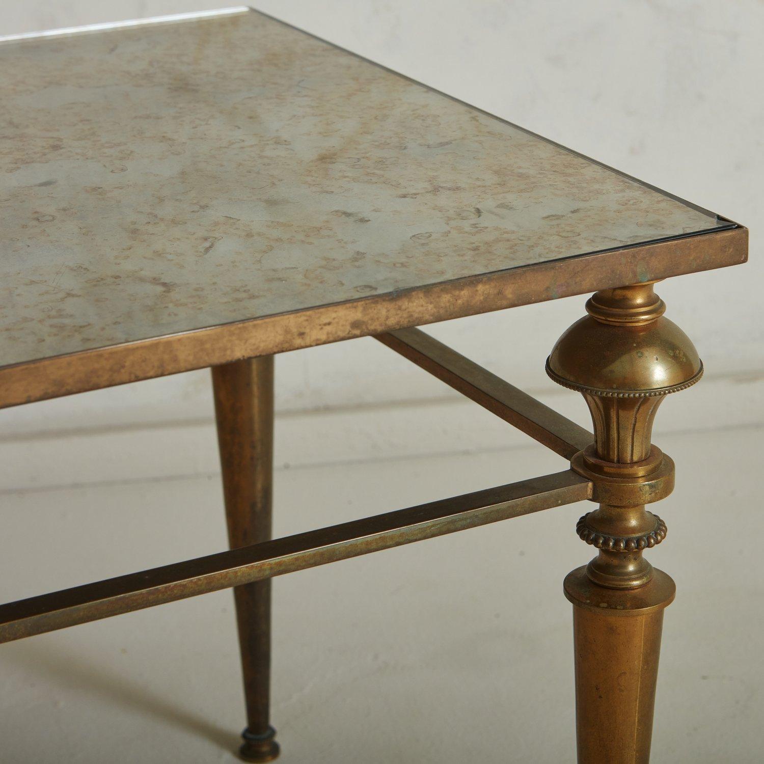 Brass Coffee Table with Antiqued Mirror Top, France 1960s In Good Condition In Chicago, IL