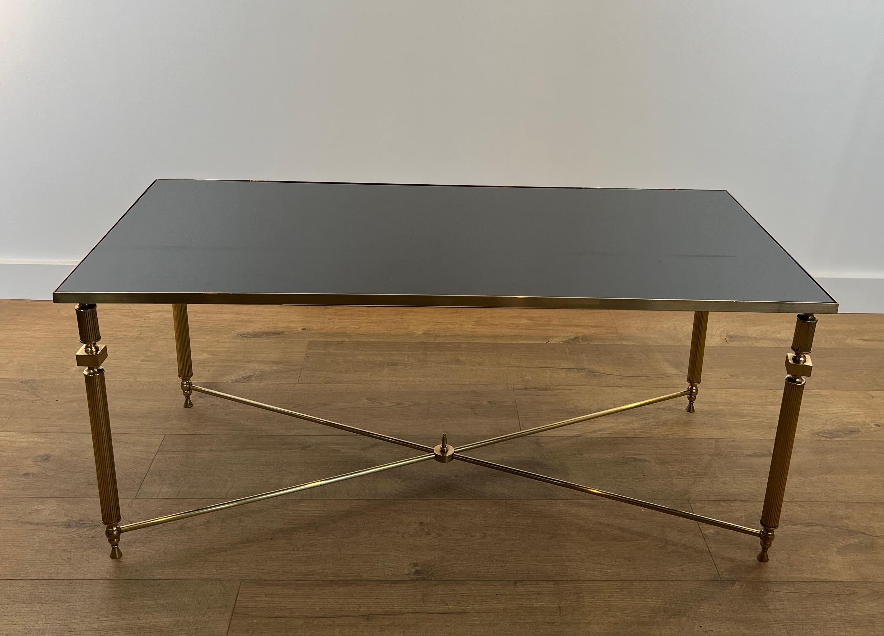 Neoclassical Brass Coffee Table with Black Lacquered Glass Top in the Style of Maison Jansen