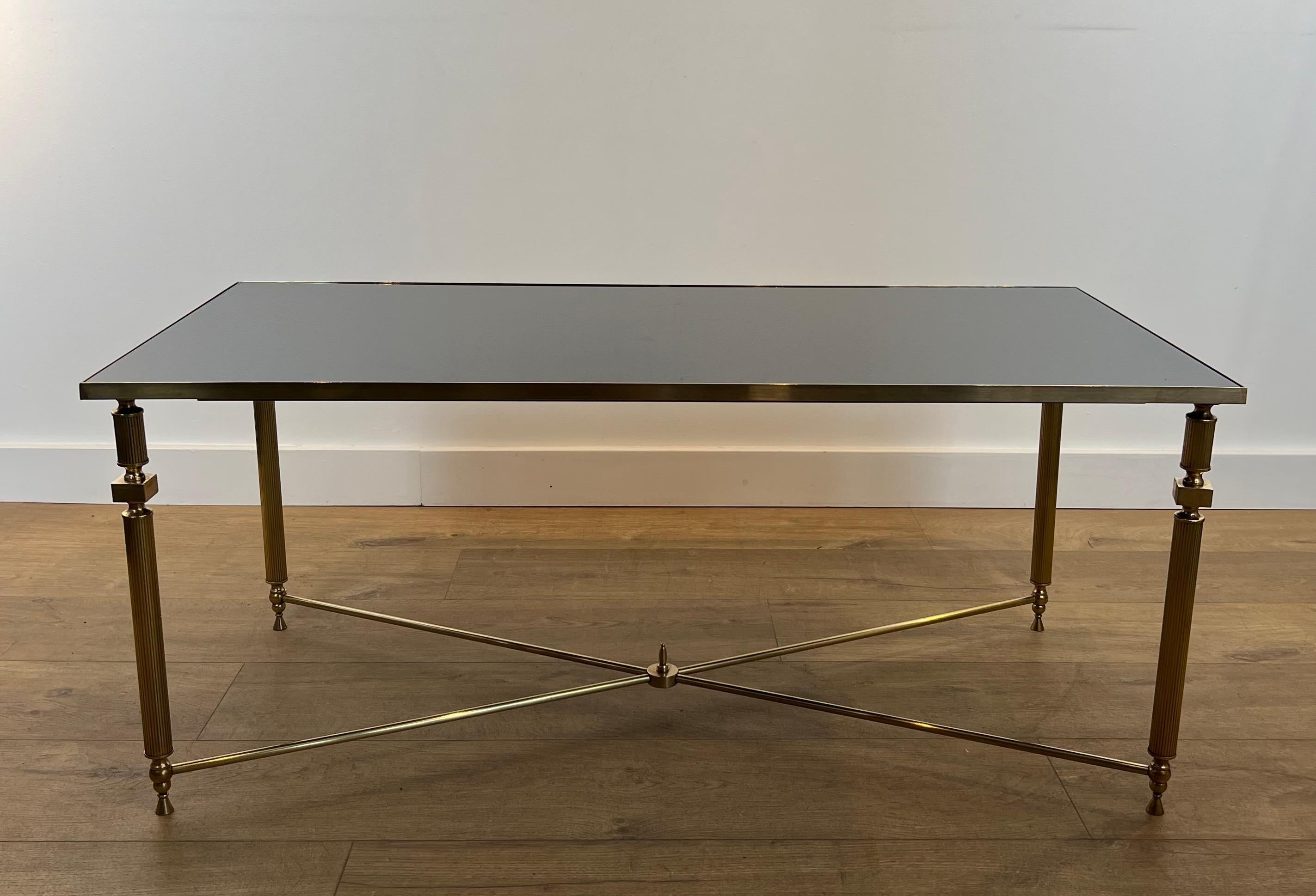 French Brass Coffee Table with Black Lacquered Glass Top in the Style of Maison Jansen