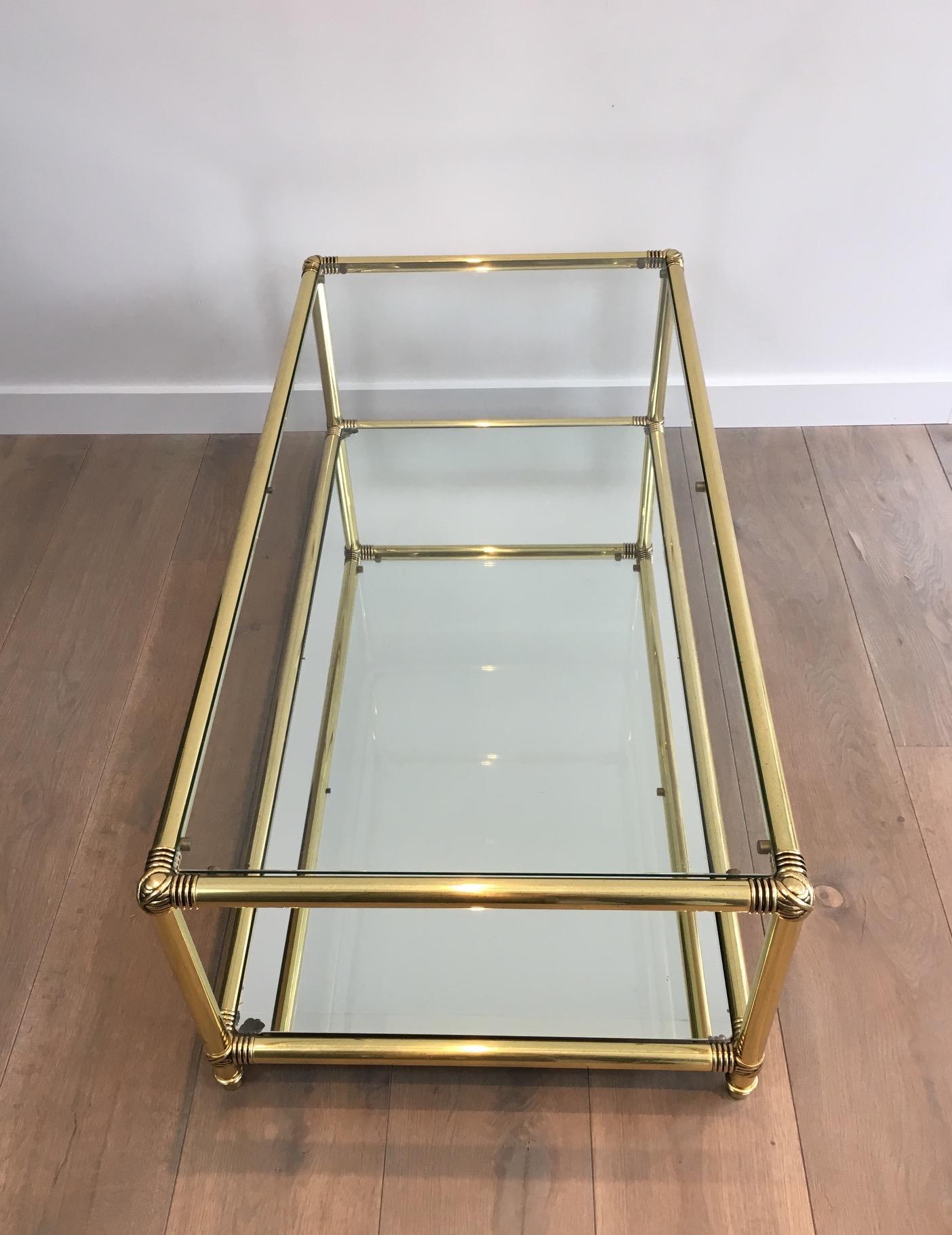 Brass Coffee Table with Brass Noodles on Corners, Clear Glass Shelf on Top and 1
