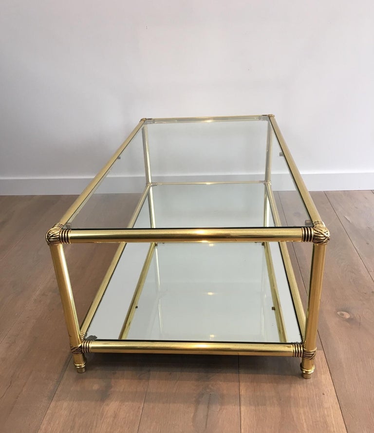 Brass Coffee Table with Brass Noodles on Corners, Clear Glass Shelf on