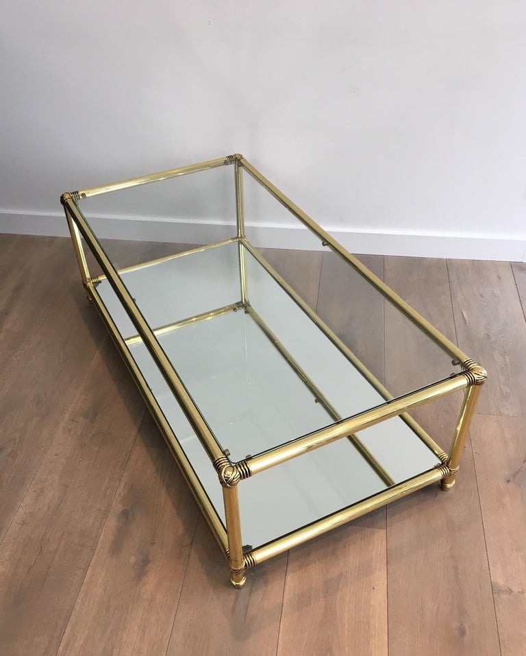 Brass Coffee Table with Brass Noodles on Corners, Clear Glass Shelf on