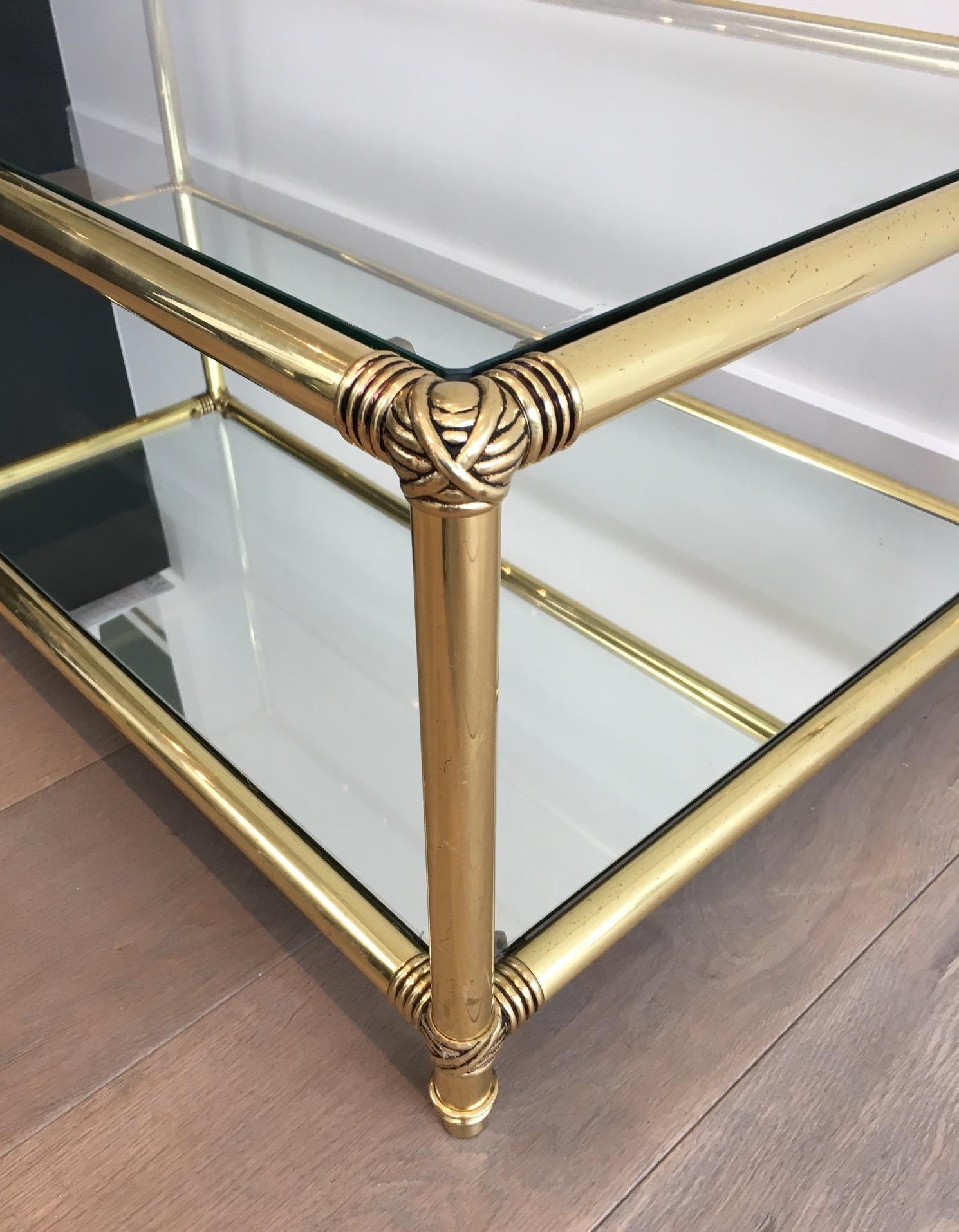Mid-Century Modern Brass Coffee Table with Brass Noodles on Corners, Clear Glass Shelf on Top and