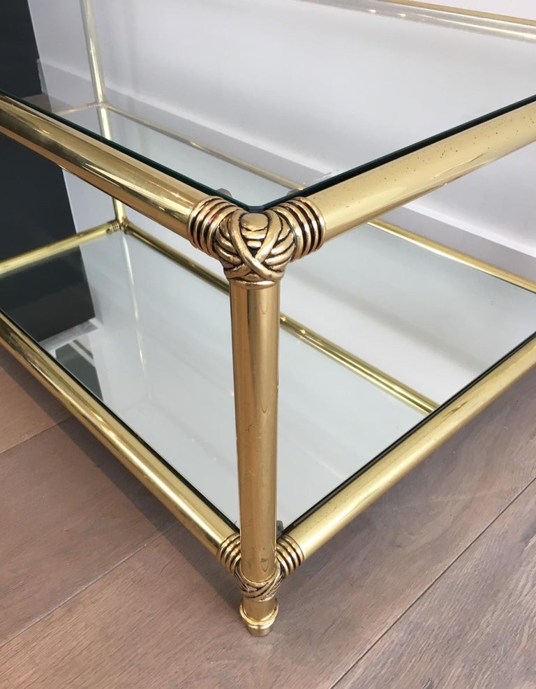 Brass Coffee Table with Brass Noodles on Corners, Clear Glass Shelf on