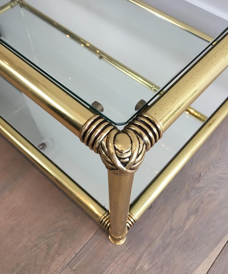 Brass Coffee Table with Brass Noodles on Corners, Clear Glass Shelf on