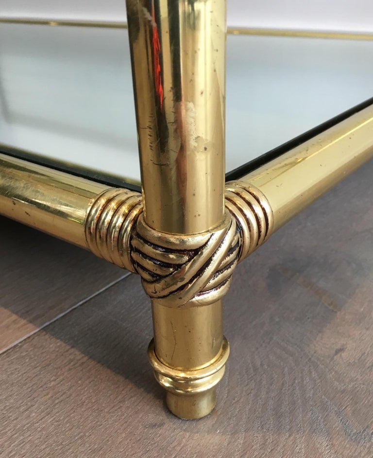 Brass Coffee Table with Brass Noodles on Corners, Clear Glass Shelf on