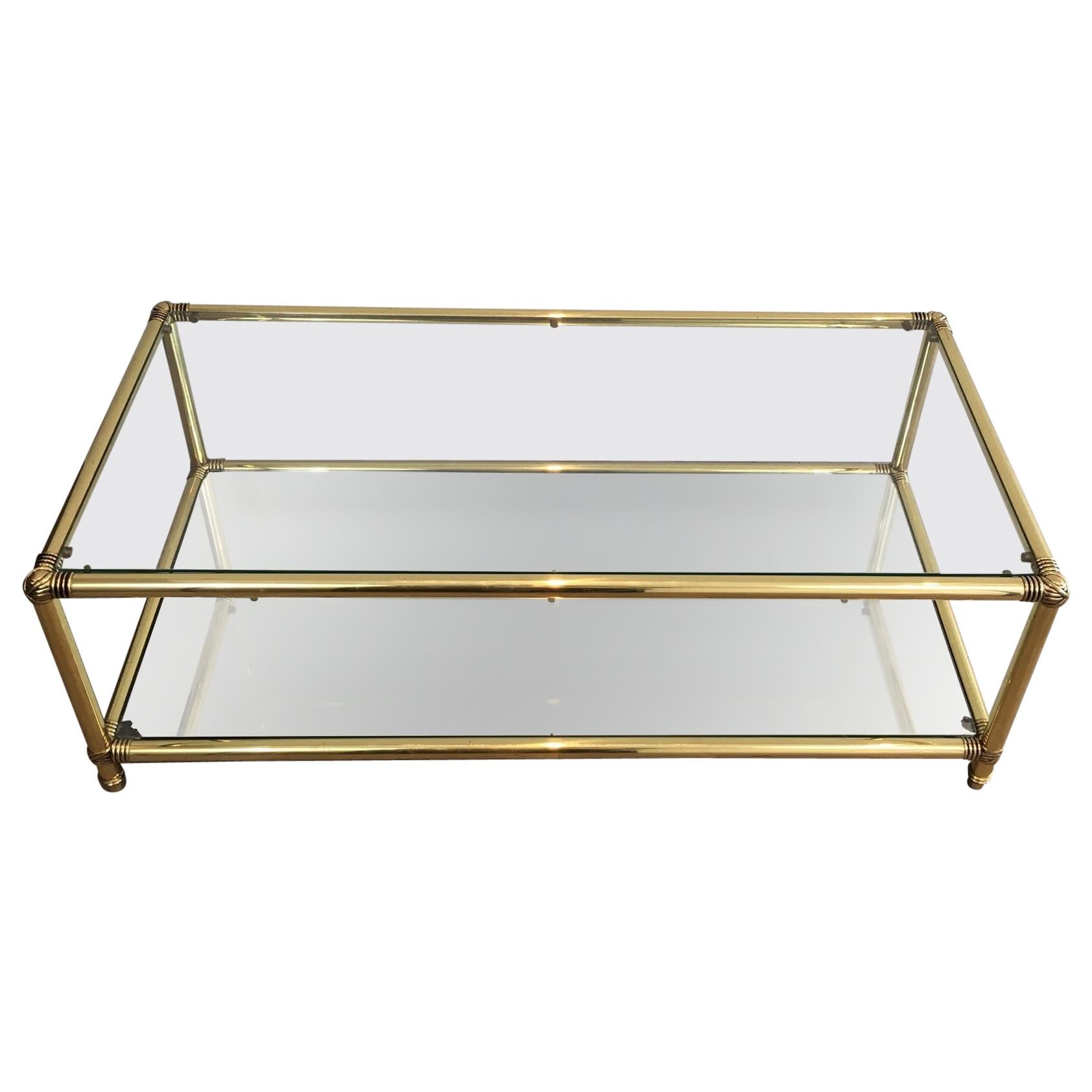 Brass Coffee Table with Brass Noodles on Corners, Clear Glass Shelf on Top and