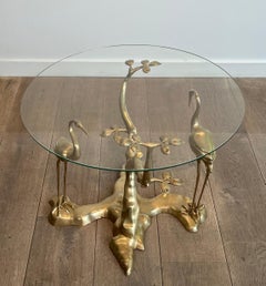 Brass Coffee Table with Cranes surrounding a Bonsai Tree with a Round Glass Top