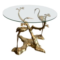 Vintage Brass Coffee Table with Cranes surrounding a Bonsai Tree with a Round Glass Top