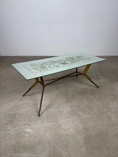Brass Coffee Table with Decorated Mirrored Glass Top - 1950s