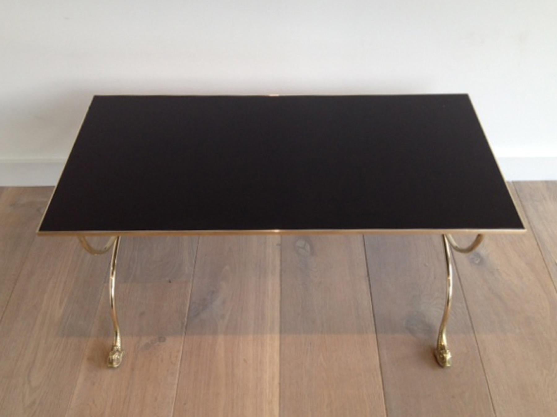 Brass Coffee Table with Dolphin Heads and Black Lacquered Glass Top, French Work 6