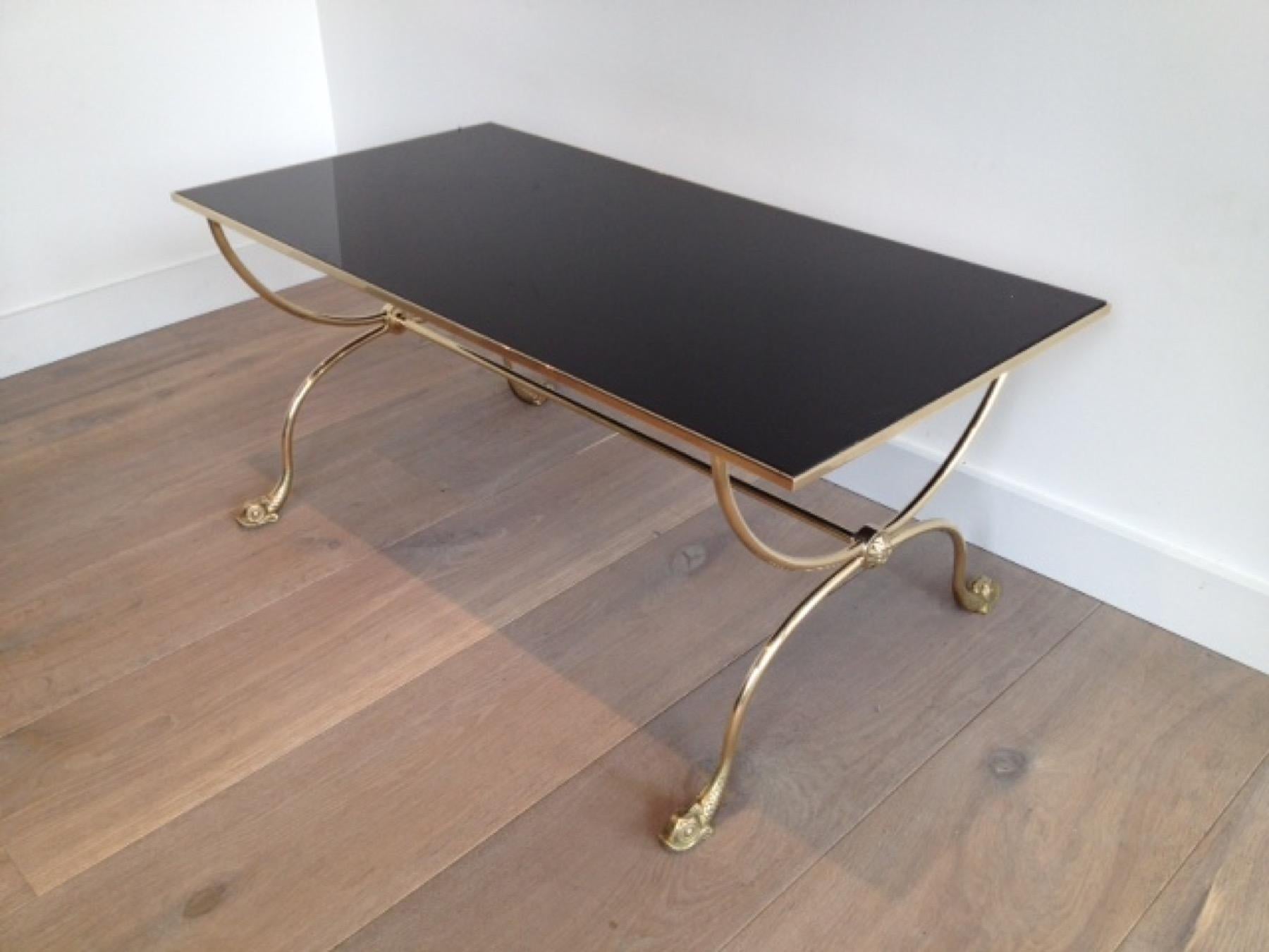 Brass Coffee Table with Dolphin Heads and Black Lacquered Glass Top, French Work 7