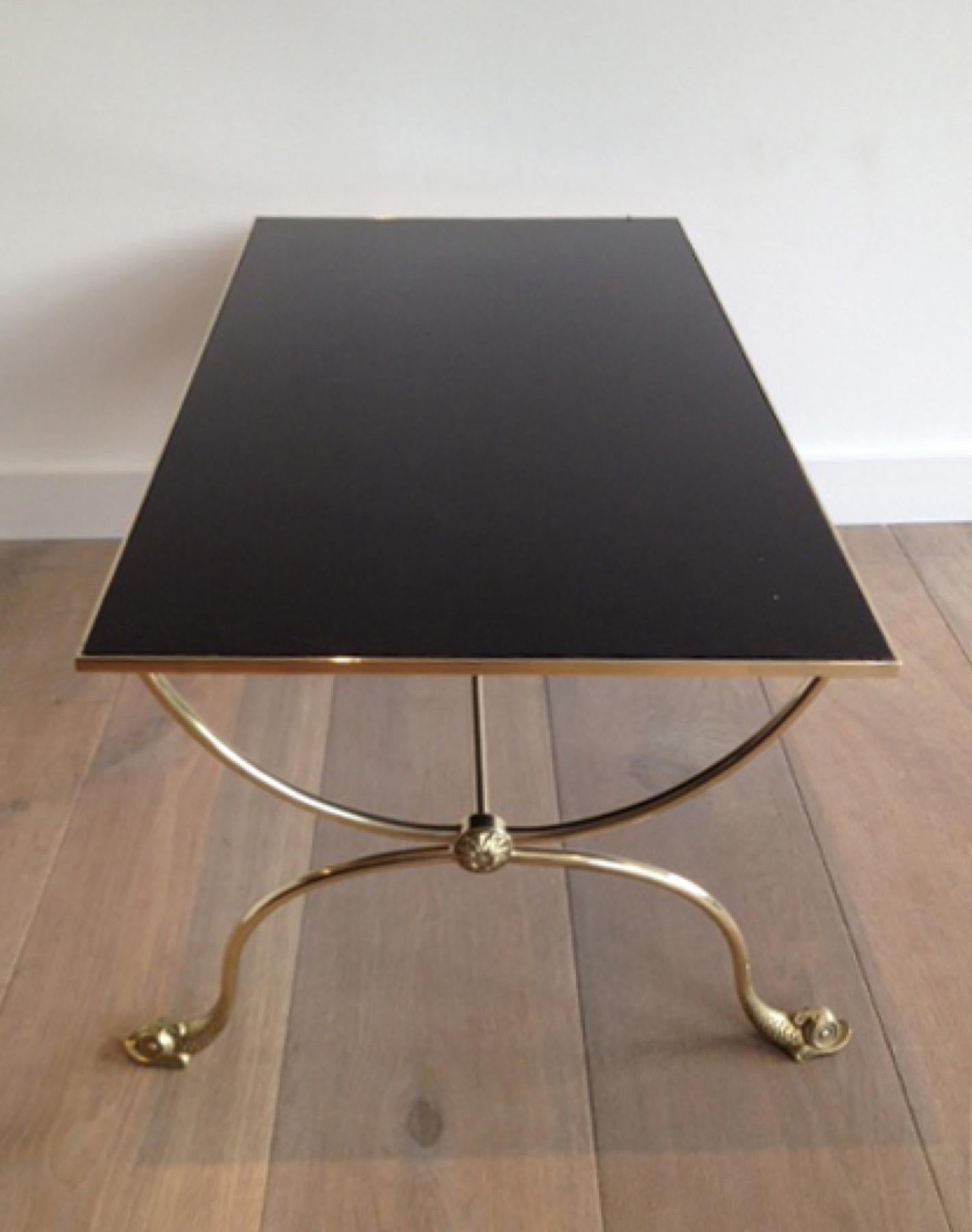 Brass Coffee Table with Dolphin Heads and Black Lacquered Glass Top, French Work 8